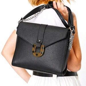 ZARA NEW Black Vegan Leather Tortoise Silver Chain Crossbody Handbag Purse Bag